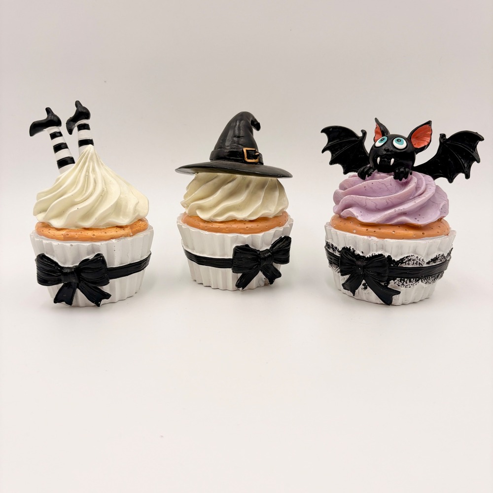 Halloween Sweet Treats Cupcake Figurine Set Witch Hat Bat Striped Legs 3pc NEW